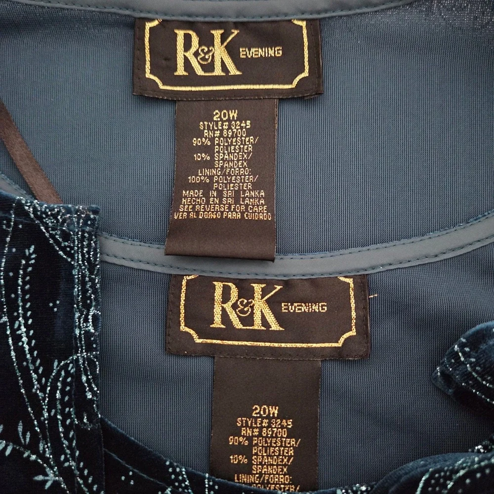 R&K Evening 2 Piece Set Teal Blue Velvet Paisley Glitter Womens 20W